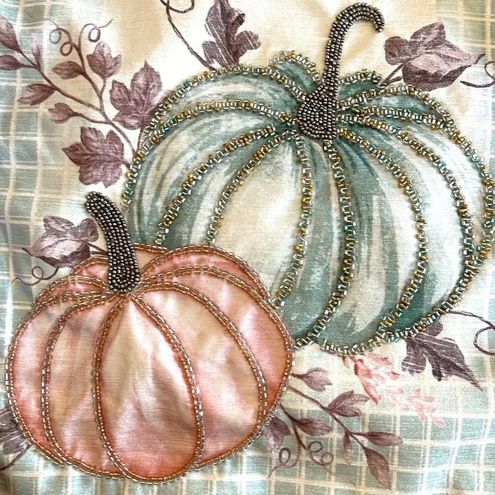 Tahari, Fall Pumpkin with Autumn Leaf Theme Beaded Table Runner 16” x 72”